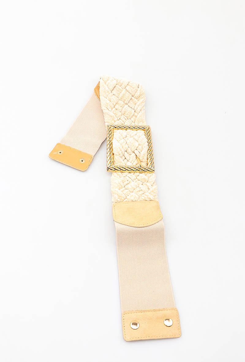 MABCGB Braided Chenille Gold Buckle Elastic Belt - Beige