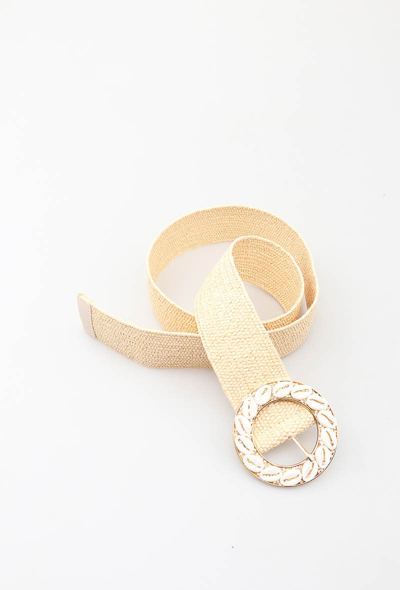 MAHSRB Herringbone Shell Round Buckle Belt - Beige