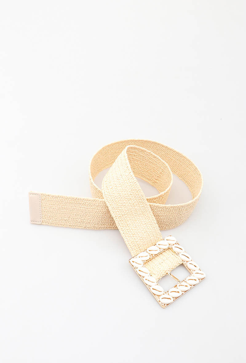 MAHSSB Herringbone Shell Square Buckle Belt - Beige
