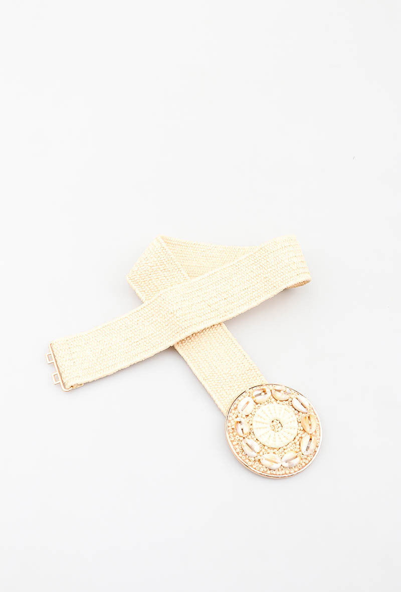MAHSM Herringbone Shell Medallion Elastic Belt - Beige