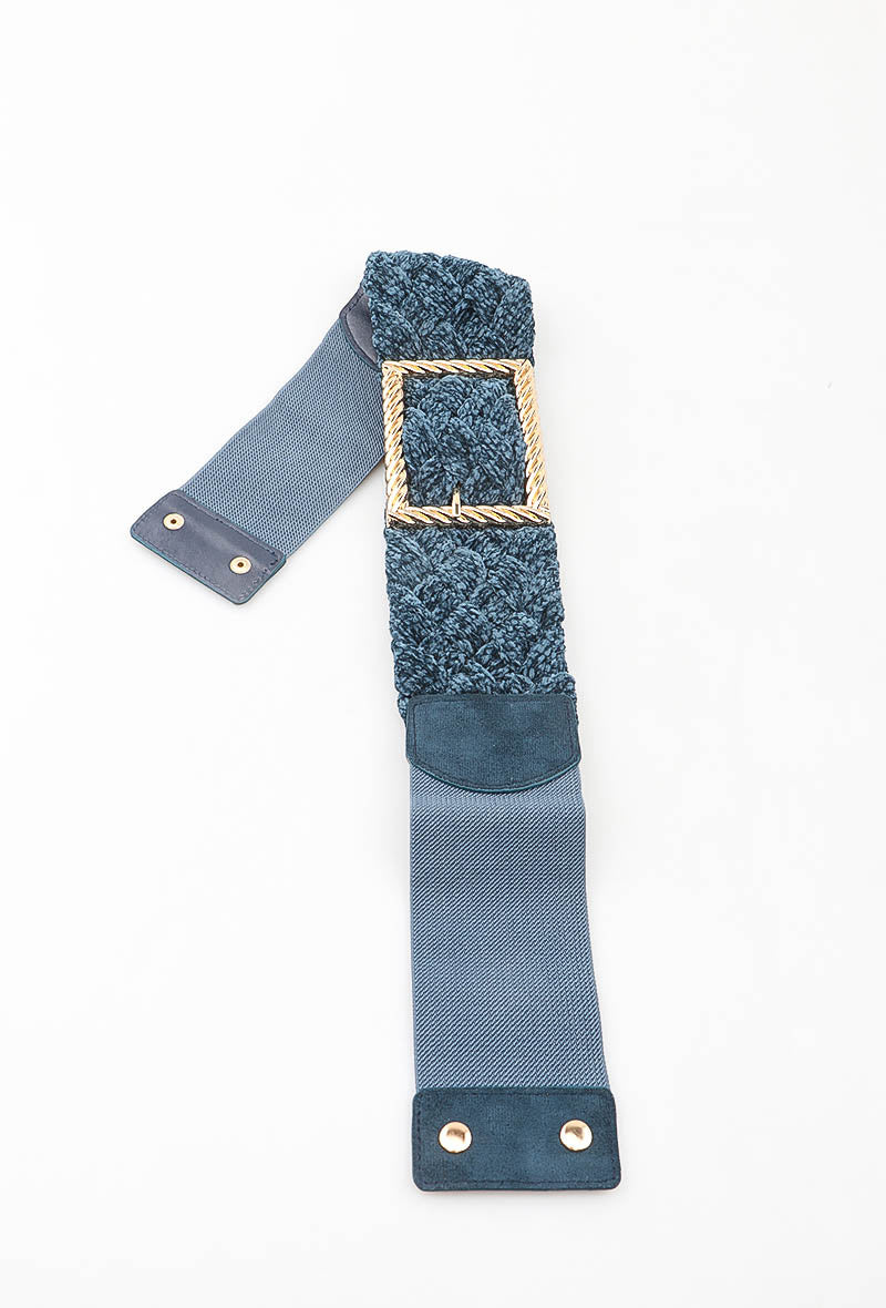MABCGB Braided Chenille Gold Buckle Elastic Belt - Blue