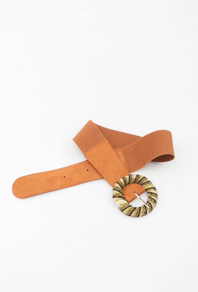 MAGRB Glitter Round Buckle Elastic Belt - Camel