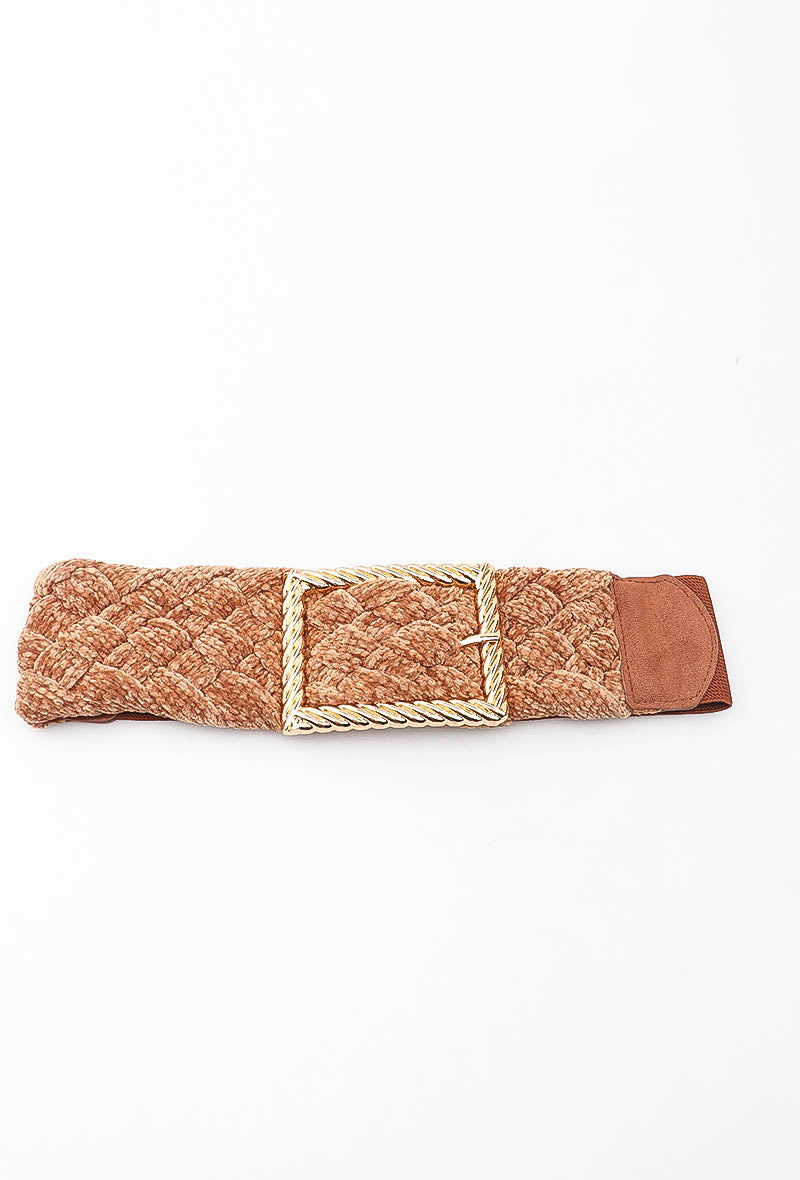 MABCGB Braided Chenille Gold Buckle Elastic Belt - Camel