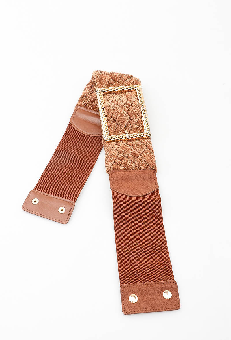 MABCGB Braided Chenille Gold Buckle Elastic Belt - Camel