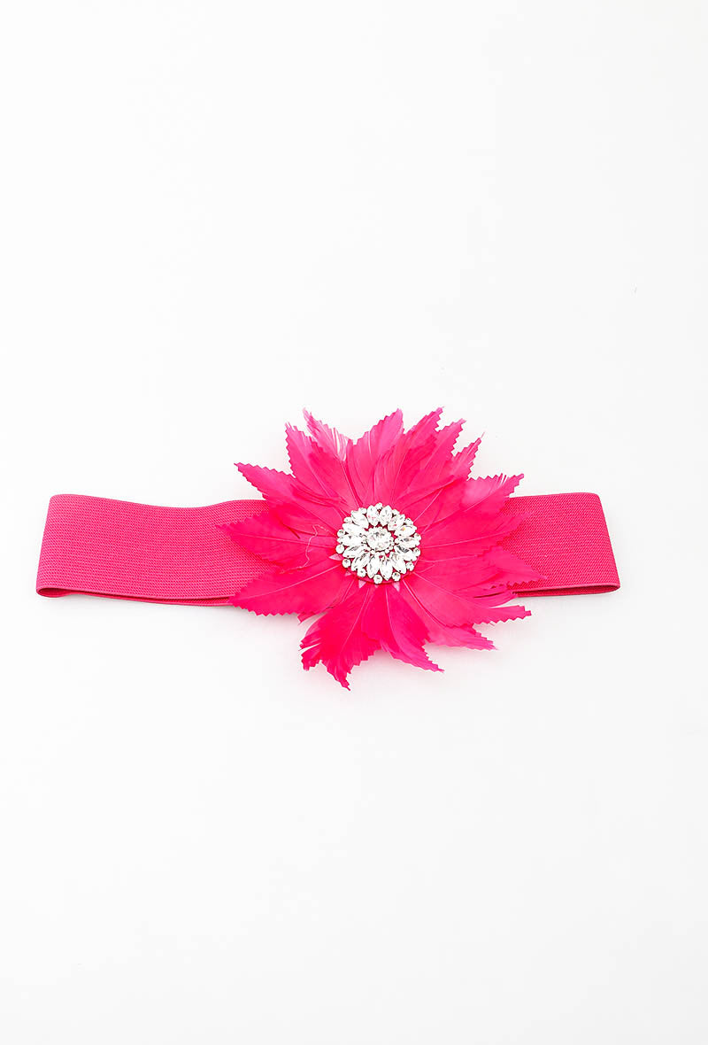MAFFR Feather Flower Rhinestone Elastic Belt - Fuchsia