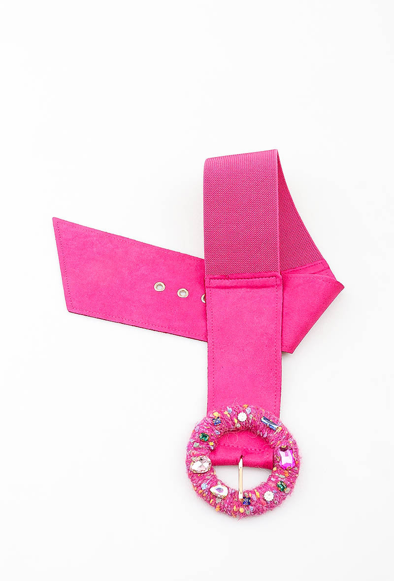MATJRB Tweed Jeweled Round Buckle Elastic Belt - Fuchsia