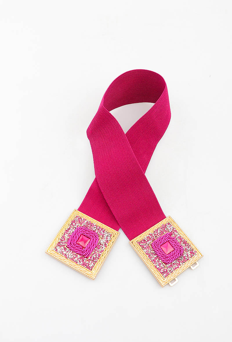 MABDSC Beaded Double Square Clasp Elastic Belt - Fuchsia