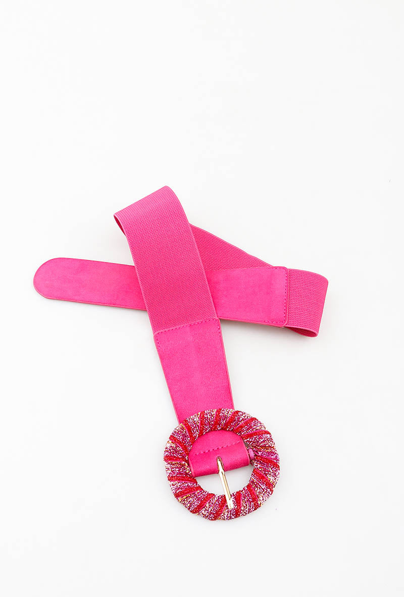 MAGRBS Glitter Round Buckle Suede Elastic Belt - Fuchsia