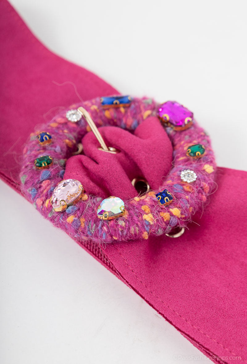 MATJRBW Tweed Jeweled Round Buckle Wide Belt - Fuchsia