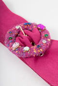 MATJRBW Tweed Jeweled Round Buckle Wide Belt - Fuchsia