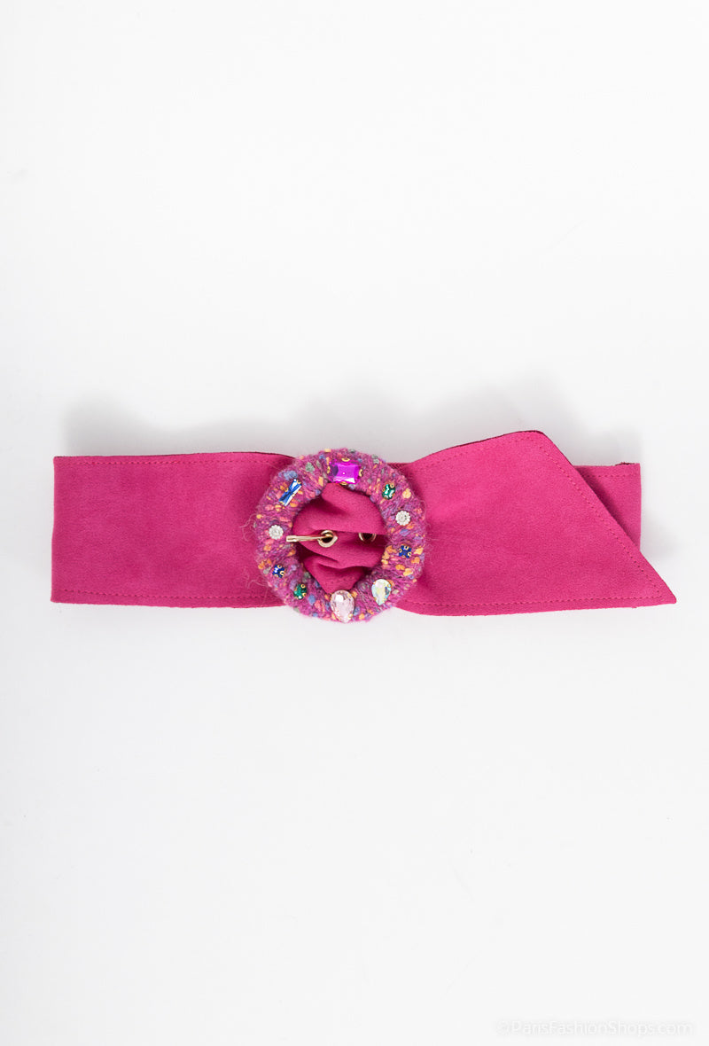 MATJRBW Tweed Jeweled Round Buckle Wide Belt - Fuchsia