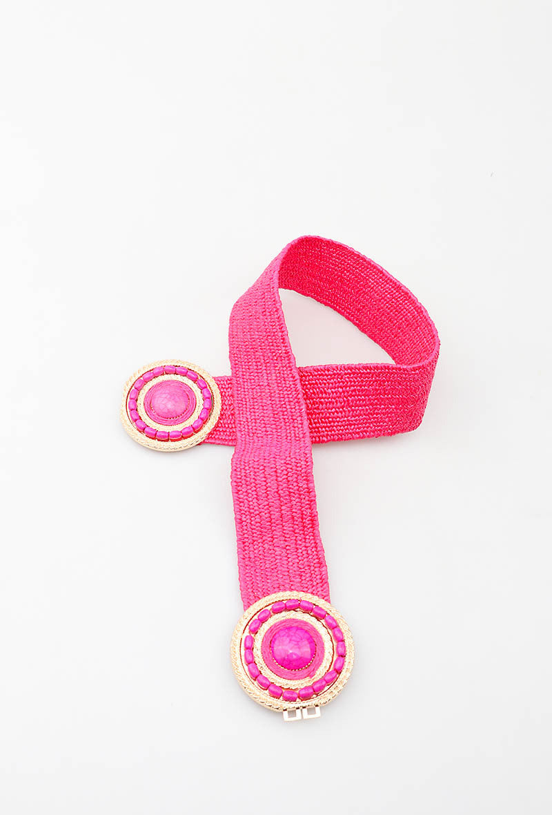 MARSDRC Raffia Stone Double Round Clasp Belt - Fuchsia
