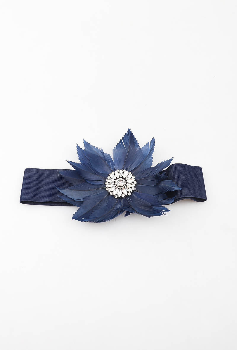 MAFFR Feather Flower Rhinestone Elastic Belt - Navy