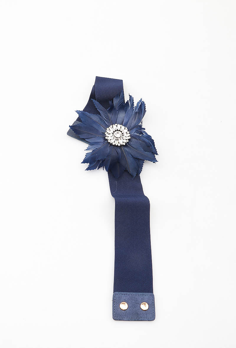 MAFFR Feather Flower Rhinestone Elastic Belt - Navy