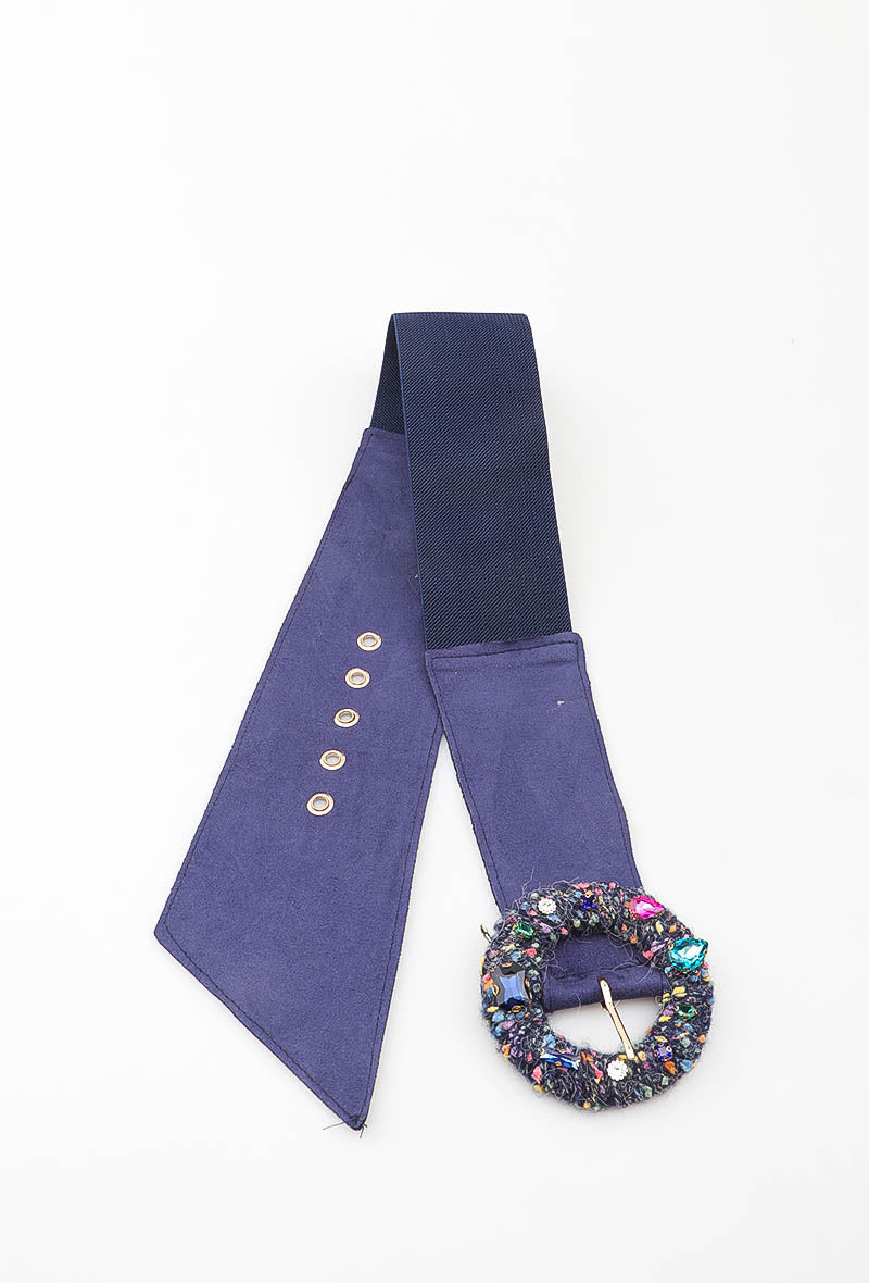 MATJRB Tweed Jeweled Round Buckle Elastic Belt - Navy