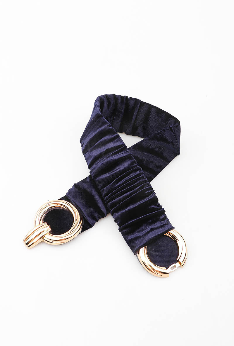 MAVDRGC Velvet Double-Ring Gold Clasp Elastic Belt - Navy