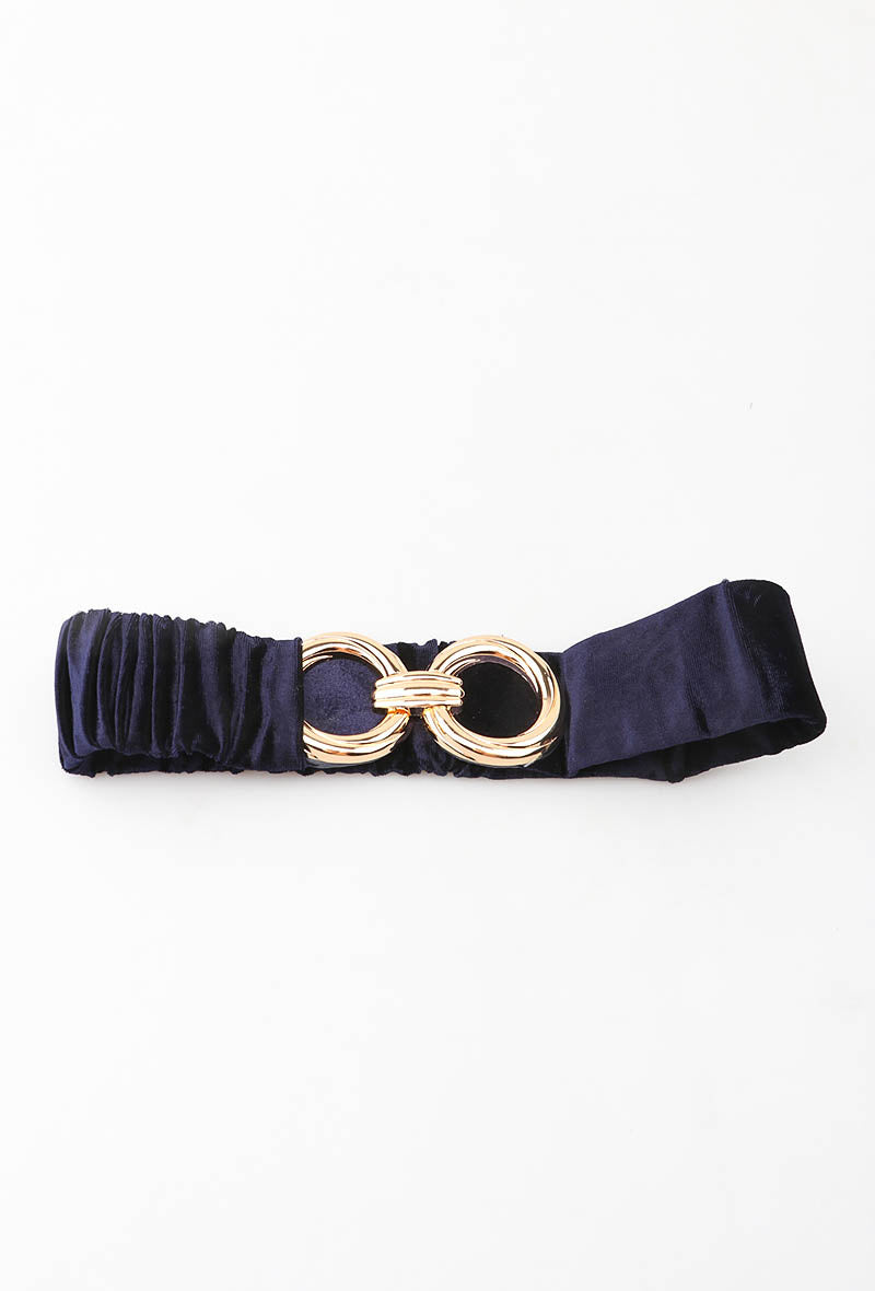 MAVDRGC Velvet Double-Ring Gold Clasp Elastic Belt - Navy
