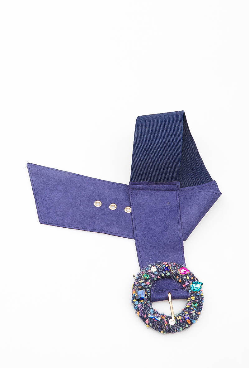 MATJRBW Tweed Jeweled Round Buckle Wide Belt - Navy