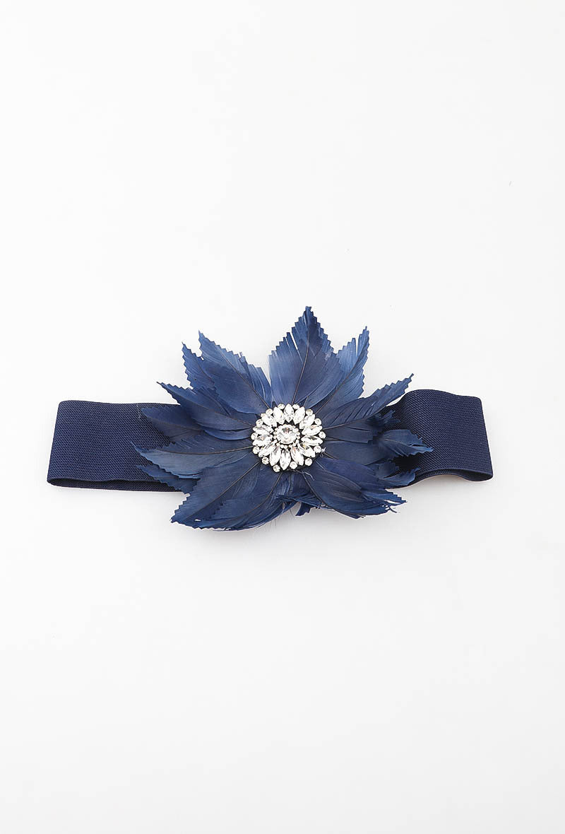 MAFFC Feather Flower Crystal Elastic Belt - Navy