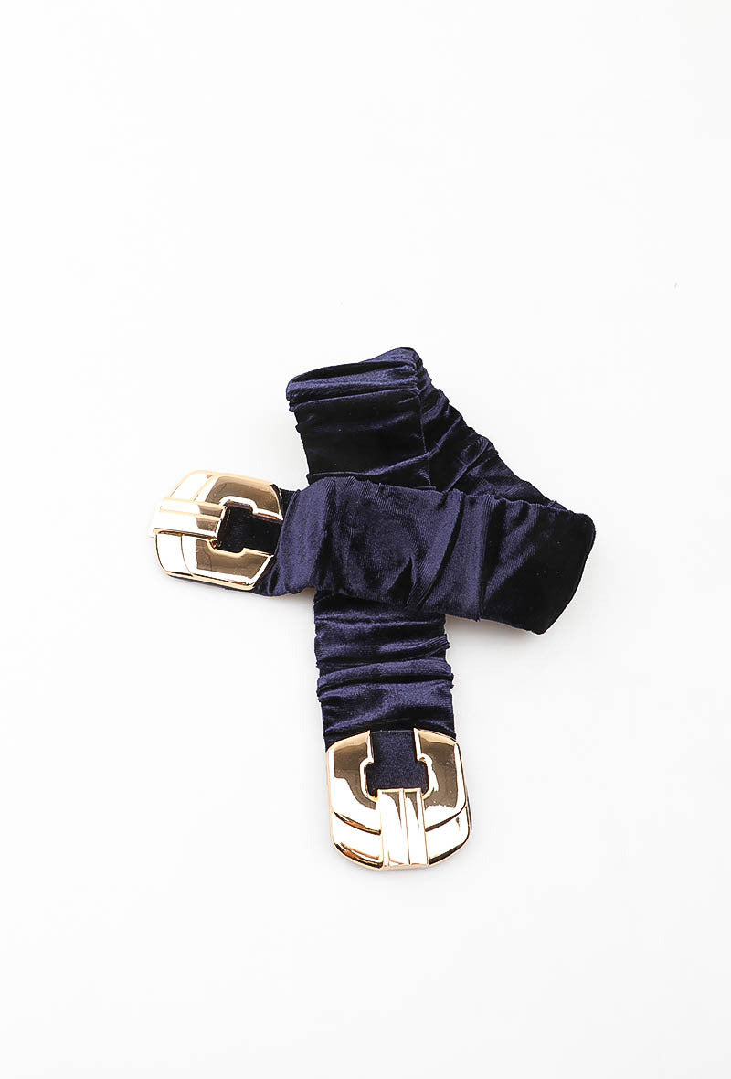 MAVGGC Velvet Geometric Gold Clasp Elastic Belt - Navy