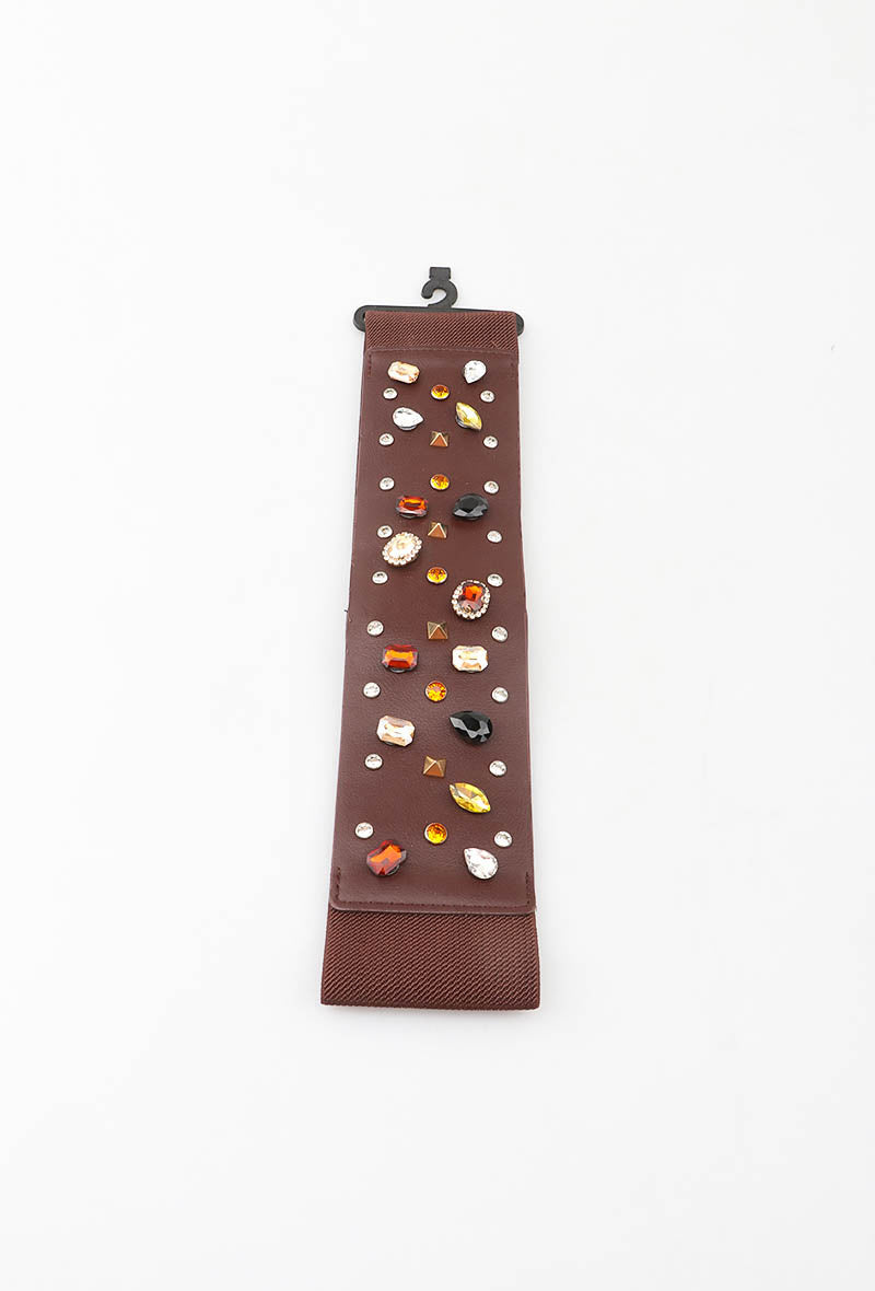 MAGS Gemstone Studded Elastic Belt - Brown