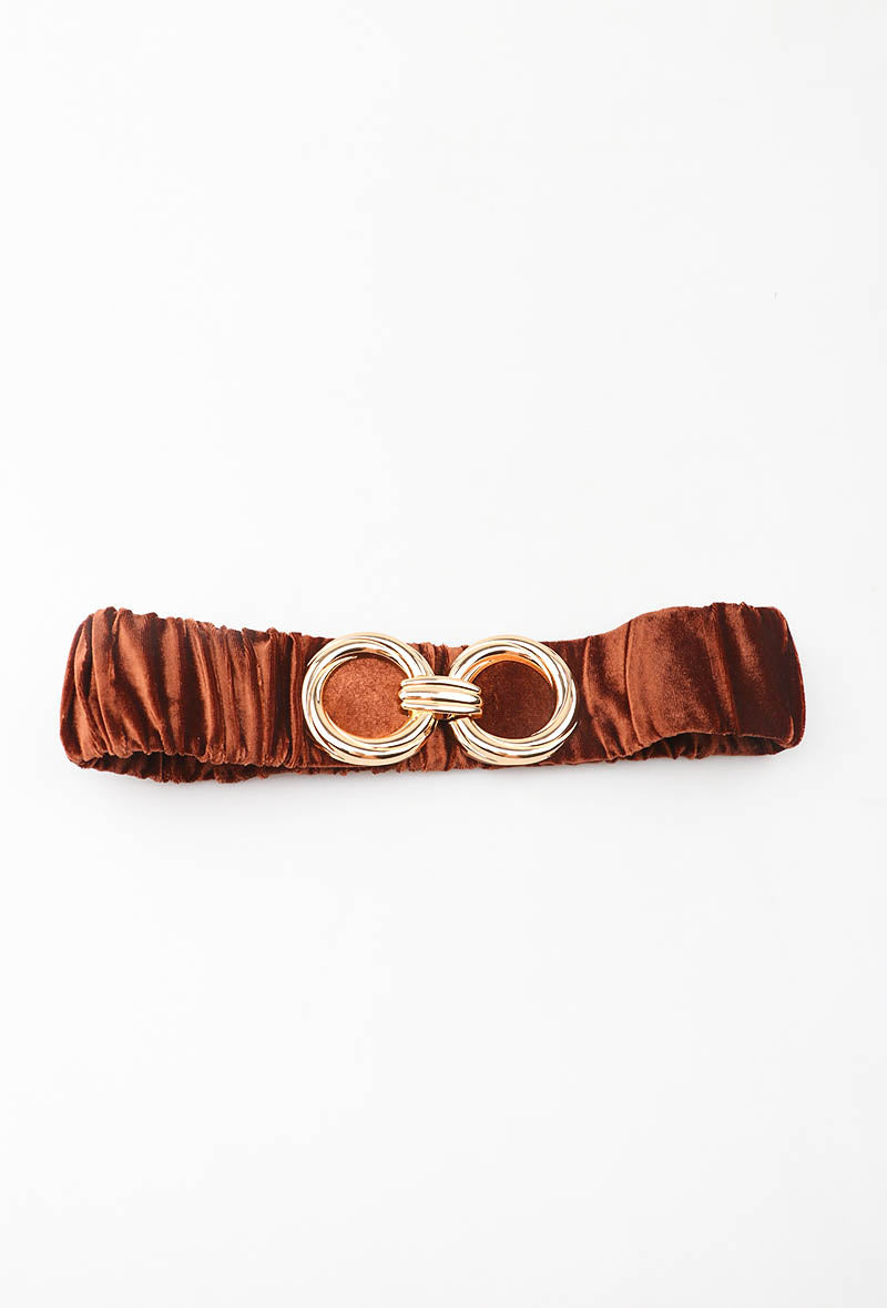 MARVDR Ruched Velvet Double-Ring Elastic Belt - Brown