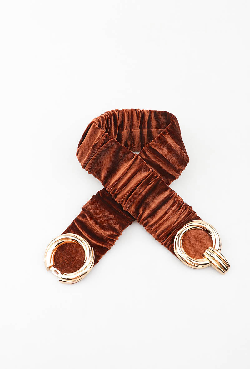 MARVDR Ruched Velvet Double-Ring Elastic Belt - Brown