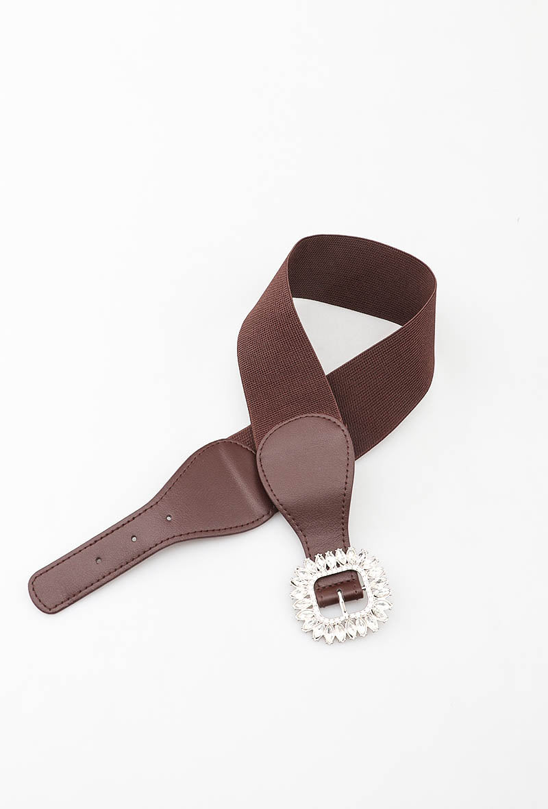 MACSB Crystal Square Buckle Elastic Belt - Brown