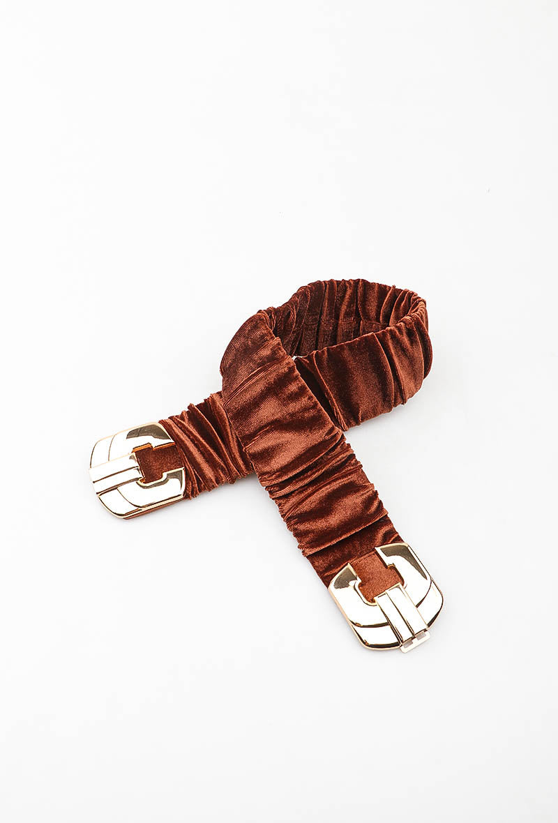 MAVRIC Velvet Ruched Interlocking Clasp Belt - Brown