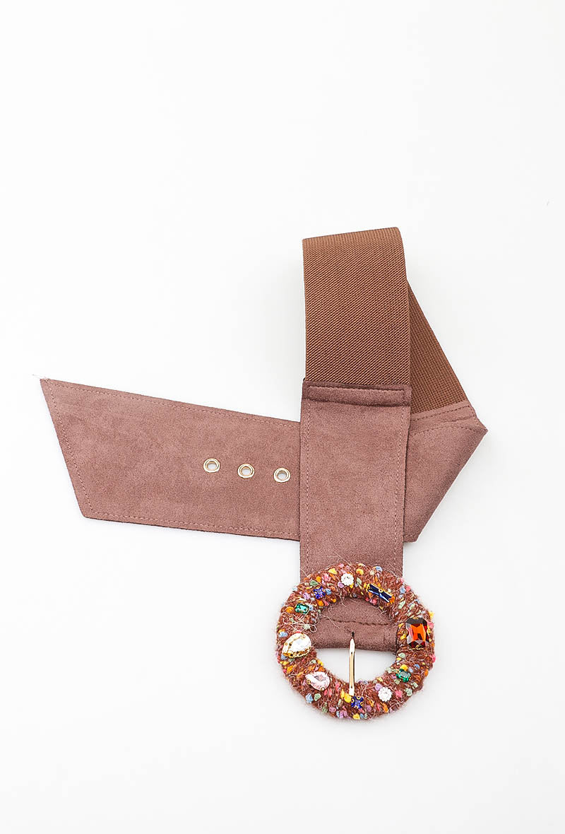 MATJRB Tweed Jeweled Round Buckle Elastic Belt - Brown