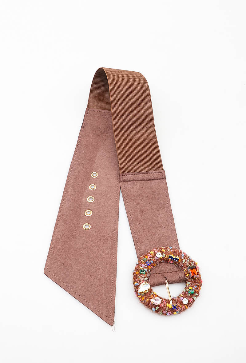 MATJRB Tweed Jeweled Round Buckle Elastic Belt - Brown