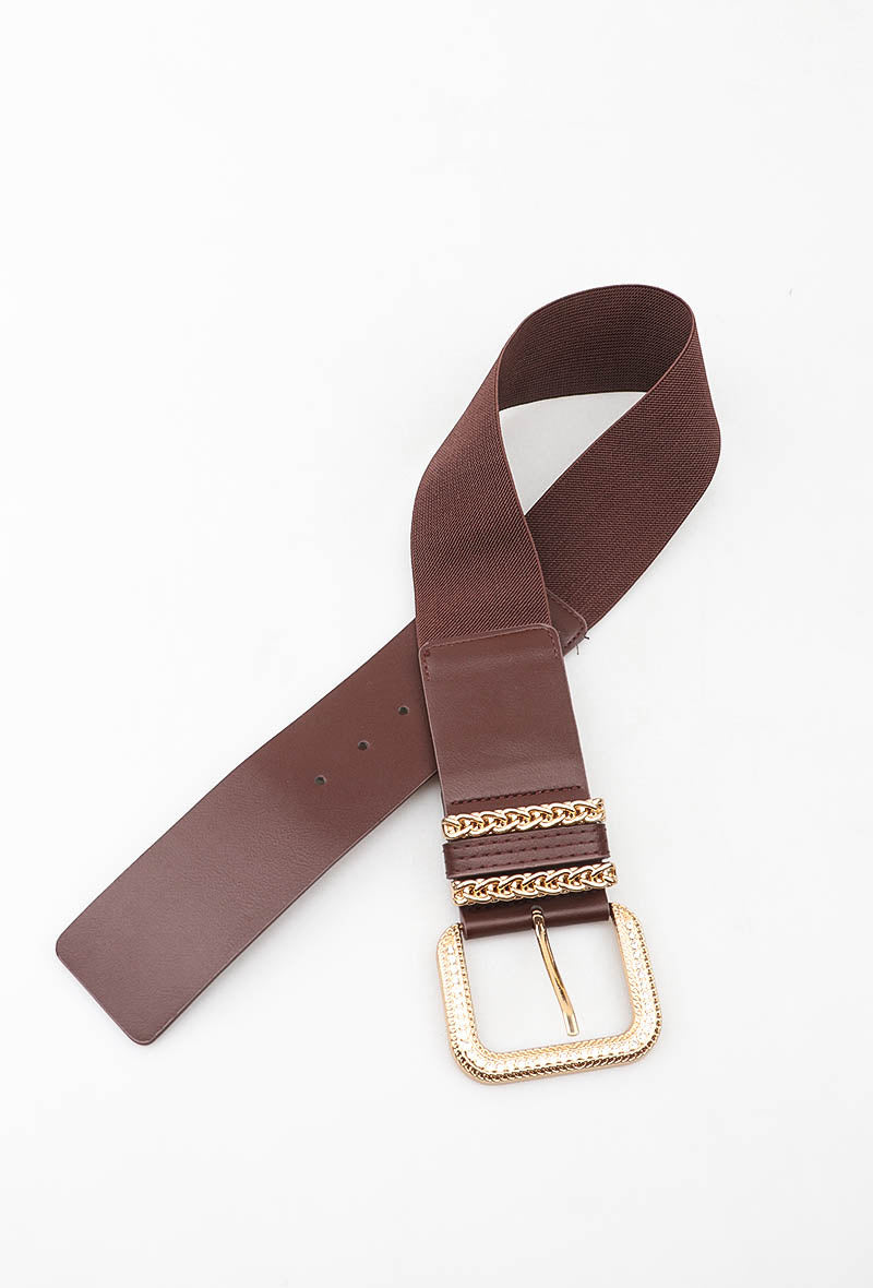 MACDRB Chain Detail Rhinestone Buckle Elastic Belt - Brown