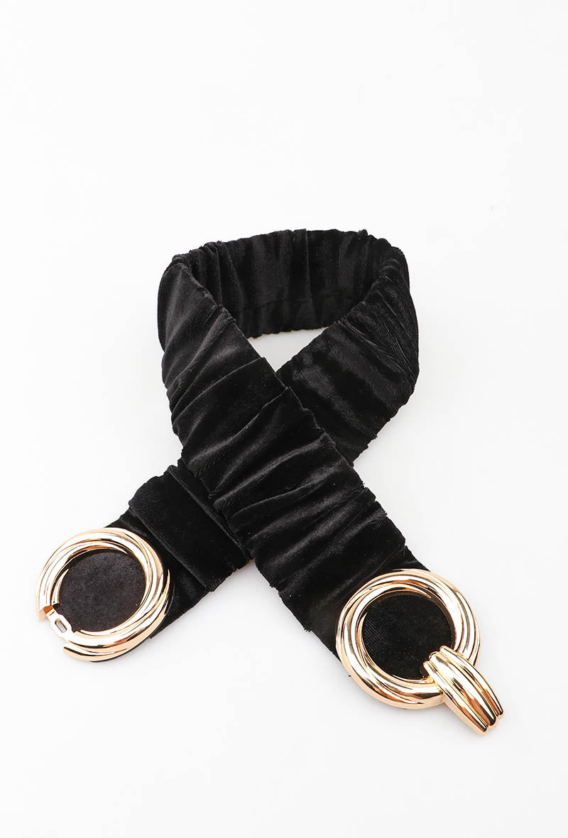 MARVDR Ruched Velvet Double-Ring Elastic Belt - Black