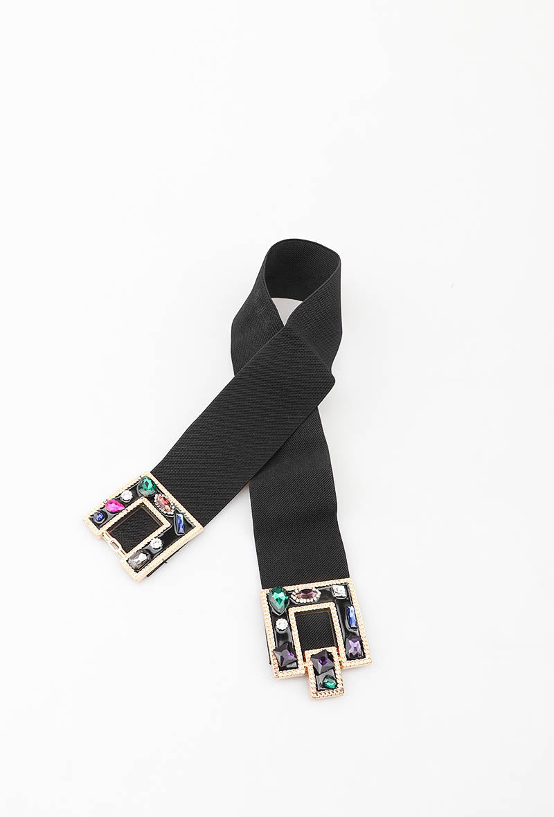 MAJDB Jeweled Double Buckle Elastic Belt - Black