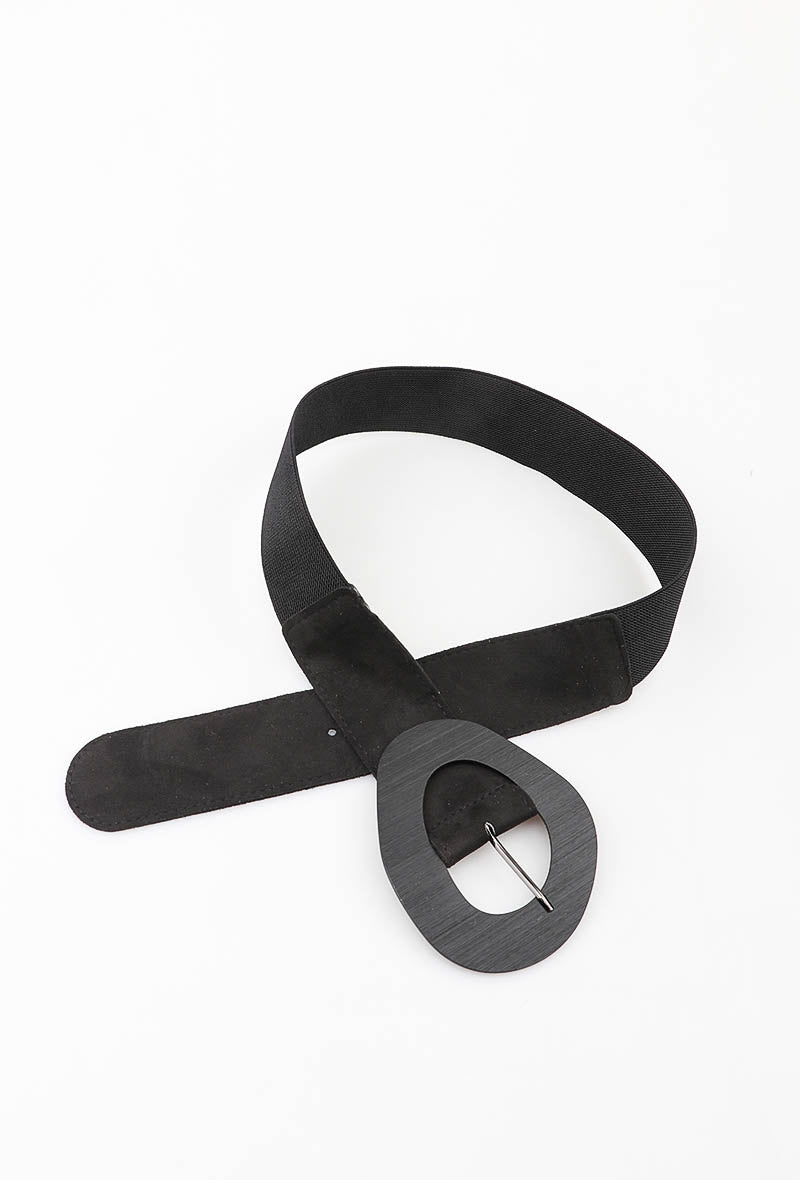 MAWOBS Wooden Oval Buckle Suede Elastic Belt - Black