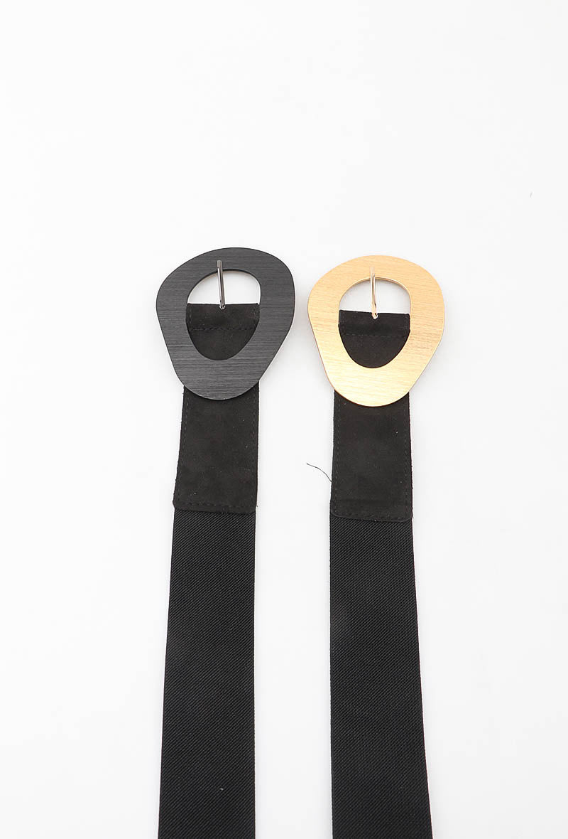 MAWOBS Wooden Oval Buckle Suede Elastic Belt - Black