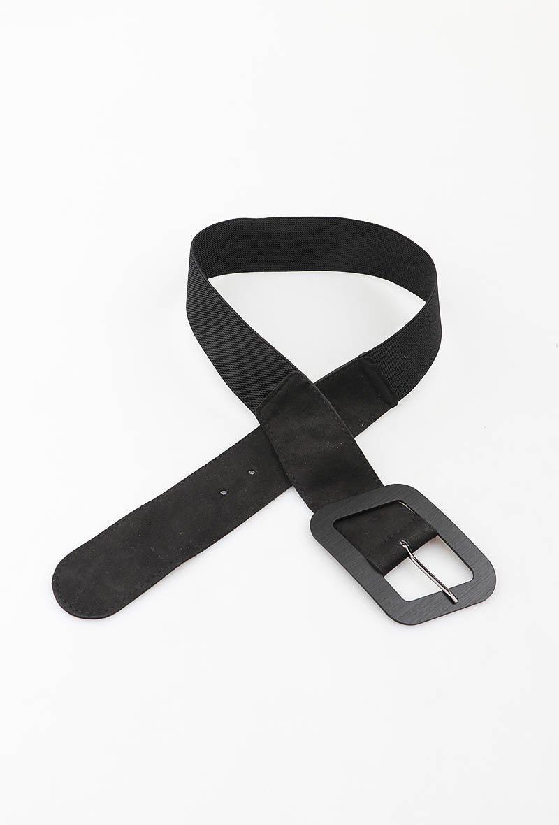 MAWRBS Wooden Rectangle Buckle Suede Elastic Belt - Black