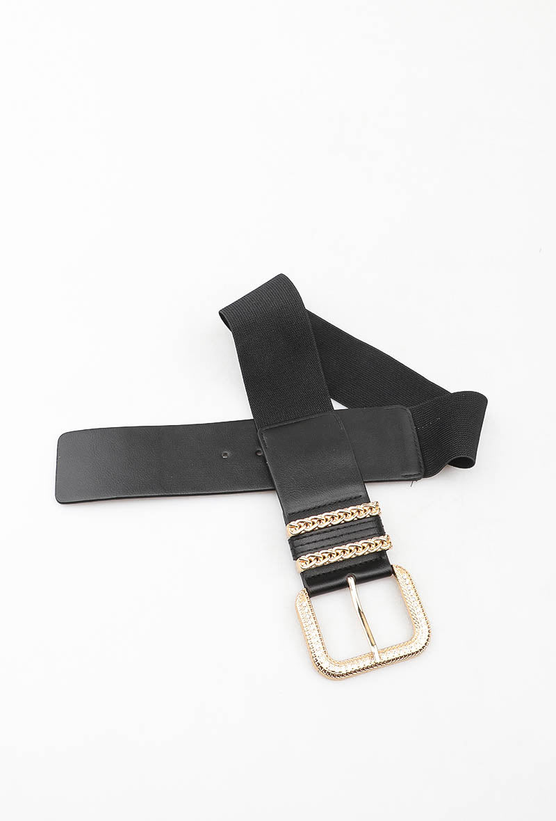 MAGCSB Gold Chain Square Buckle Elastic Belt - Black