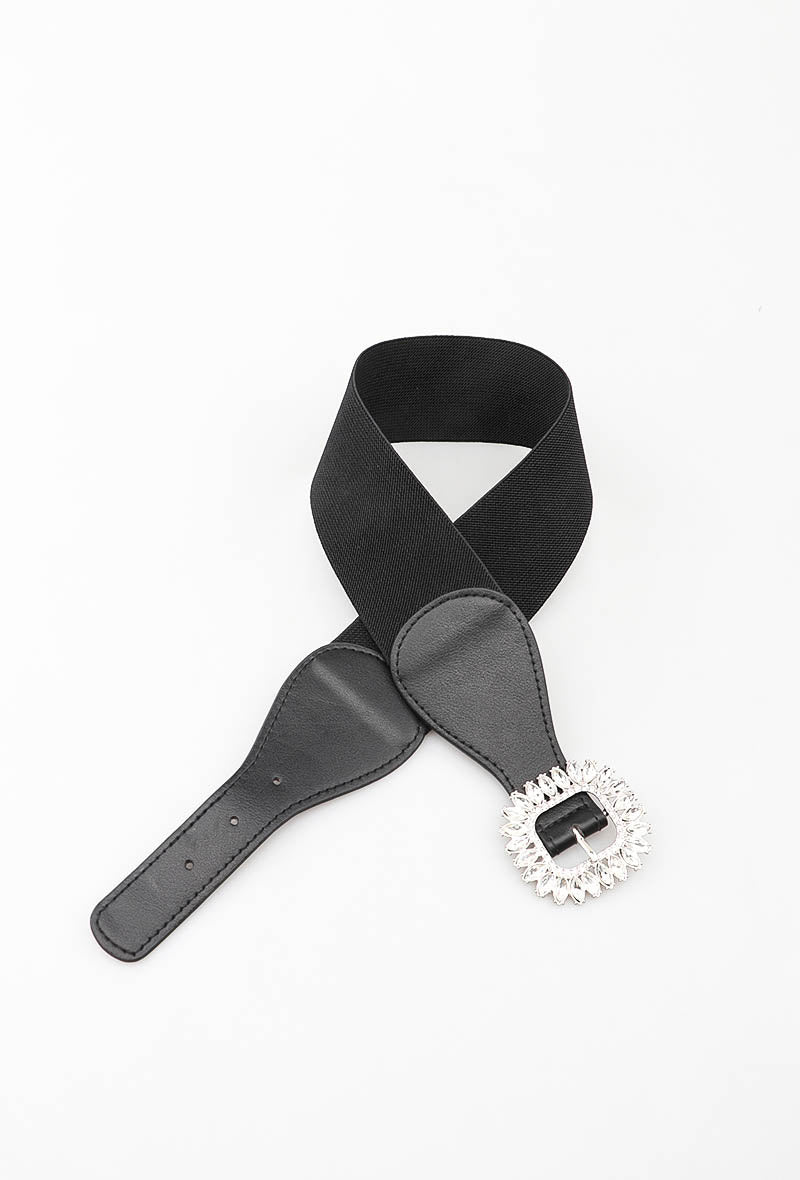 MACSB Crystal Square Buckle Elastic Belt - Black