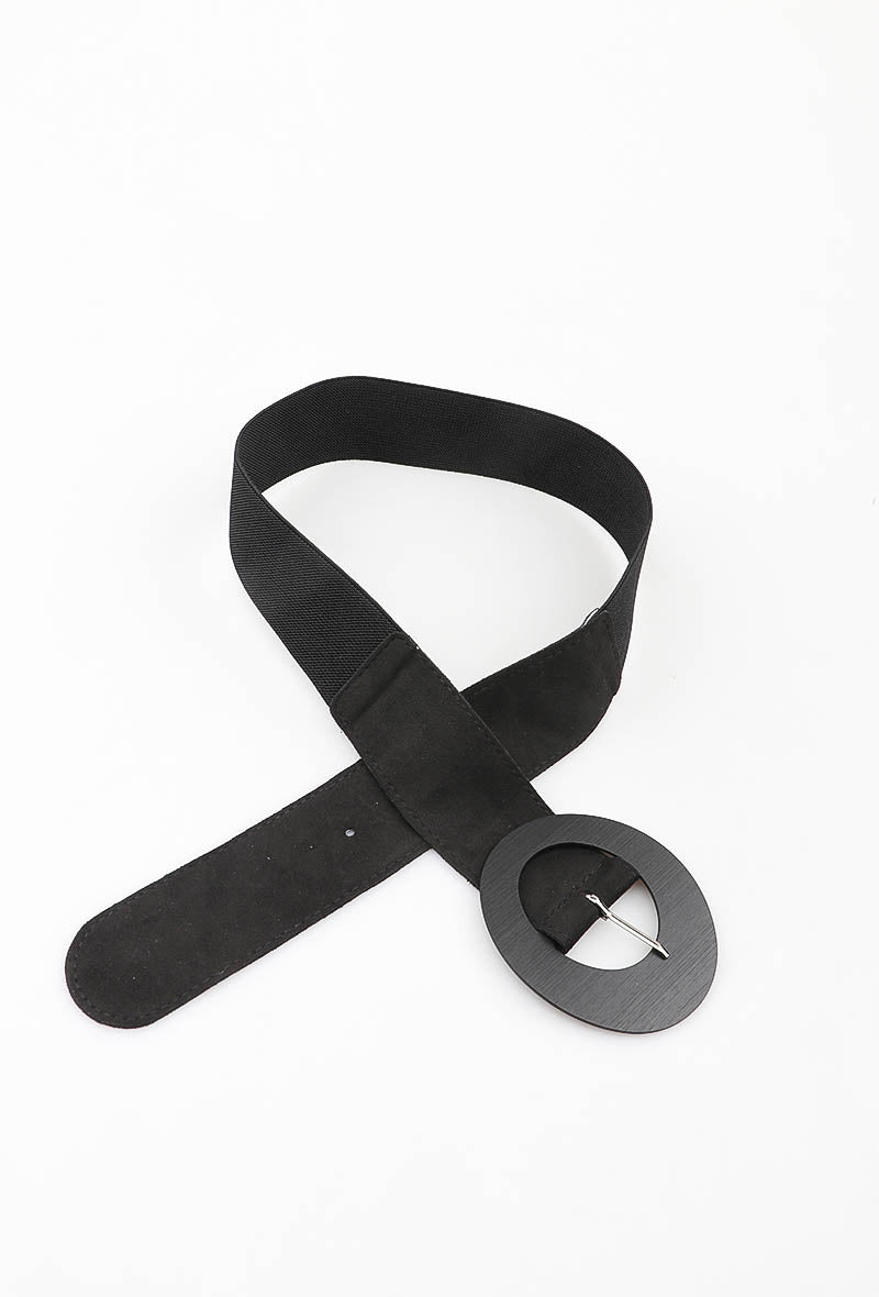 MAWOBW Wooden Oval Buckle Wide Elastic Belt - Black