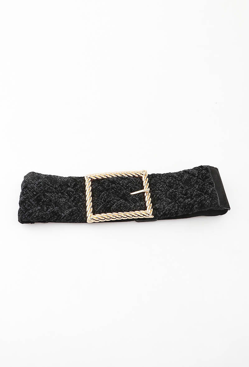 MABCGB Braided Chenille Gold Buckle Elastic Belt - Black