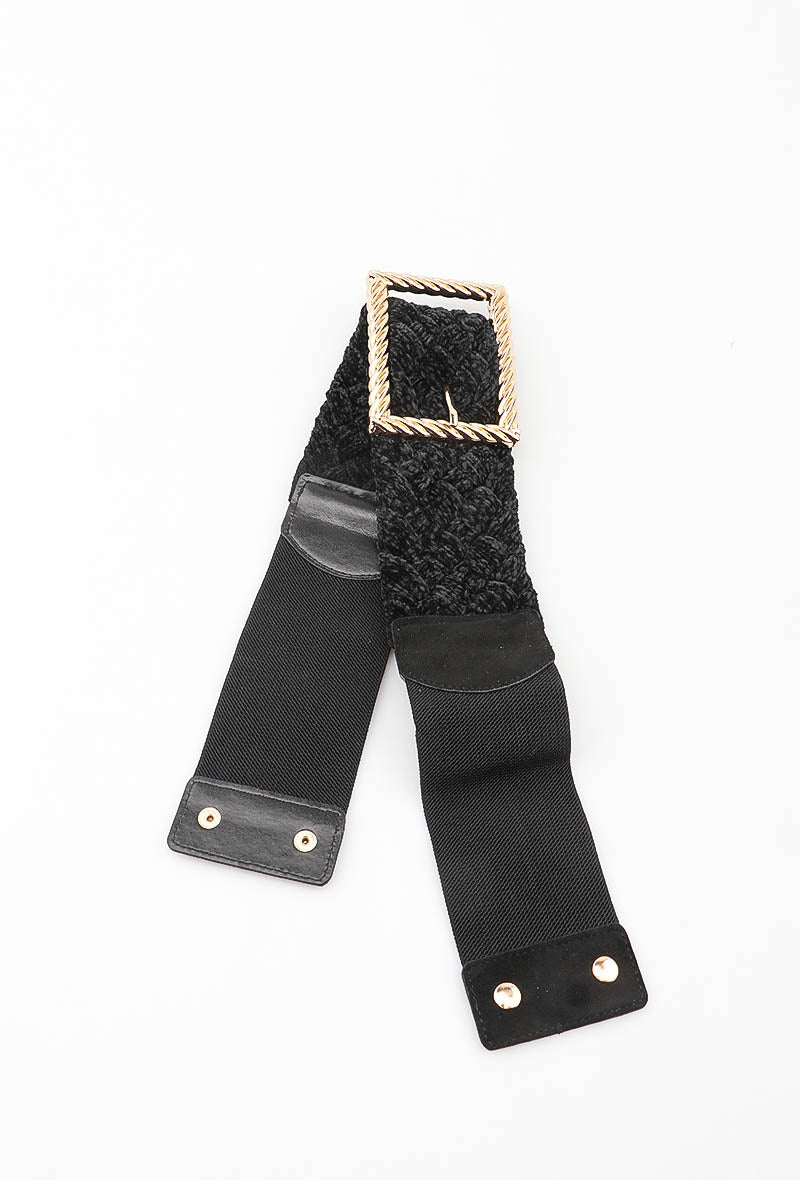 MABCGB Braided Chenille Gold Buckle Elastic Belt - Black