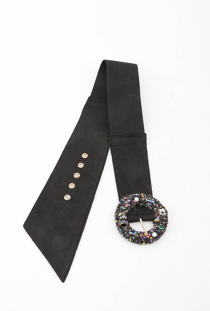 MATJRB Tweed Jeweled Round Buckle Elastic Belt - Black