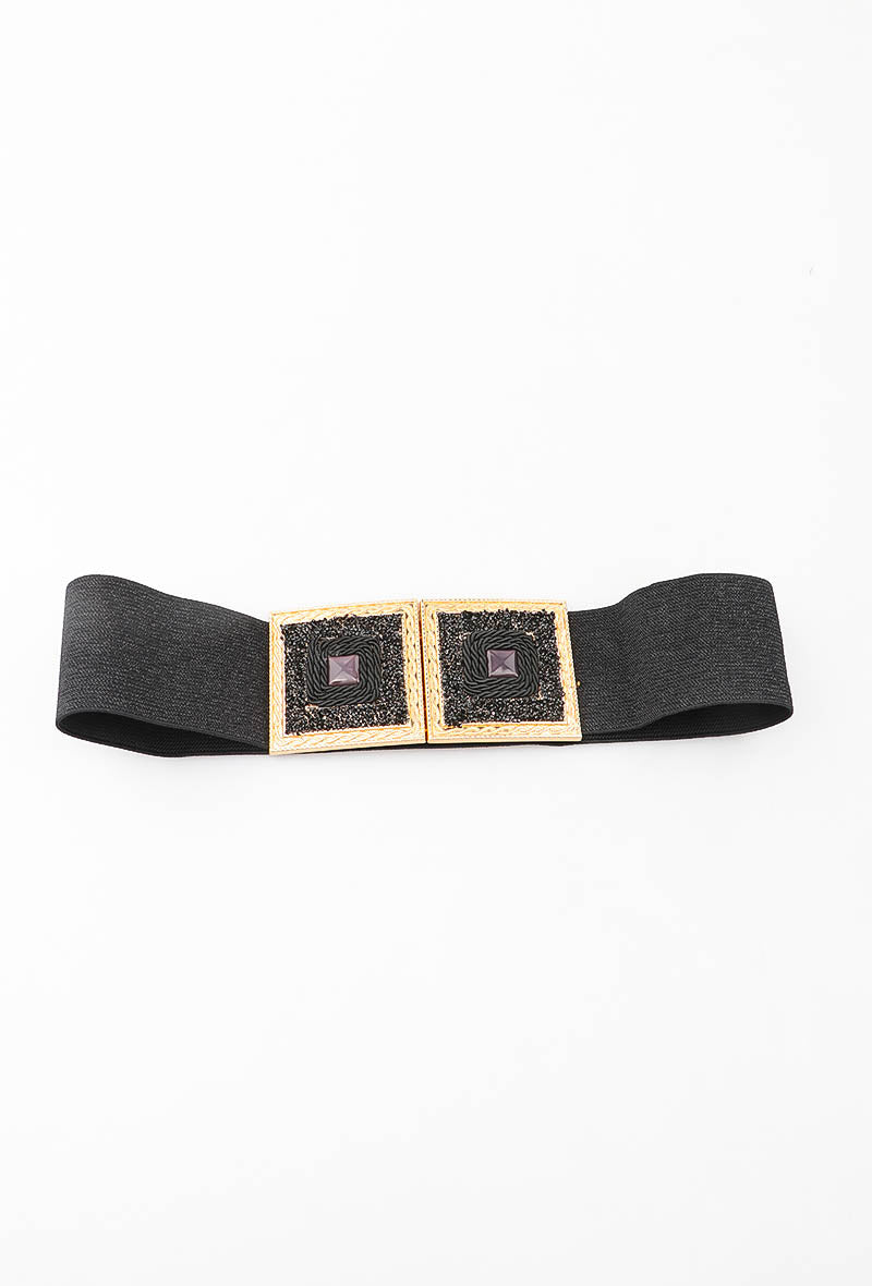MABDSC Beaded Double Square Clasp Elastic Belt - Black