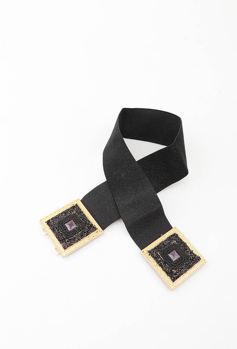 MAGDSC Glitter Double Square Clasp Elastic Belt - Black