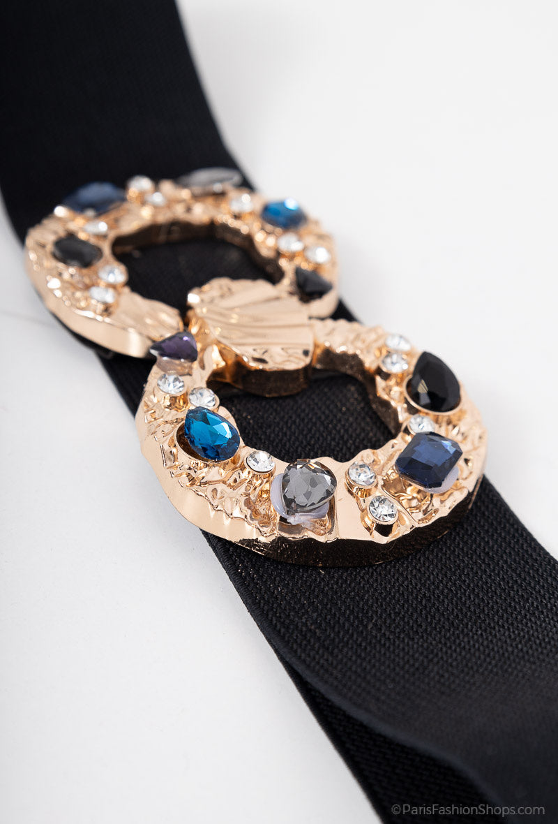 MAJDRC Jeweled Double-Ring Clasp Elastic Belt - Black