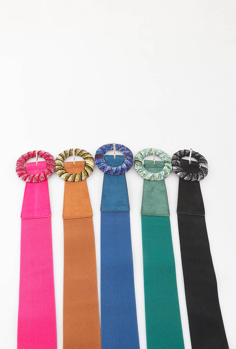 MAGRBS Glitter Round Buckle Suede Elastic Belt - Black