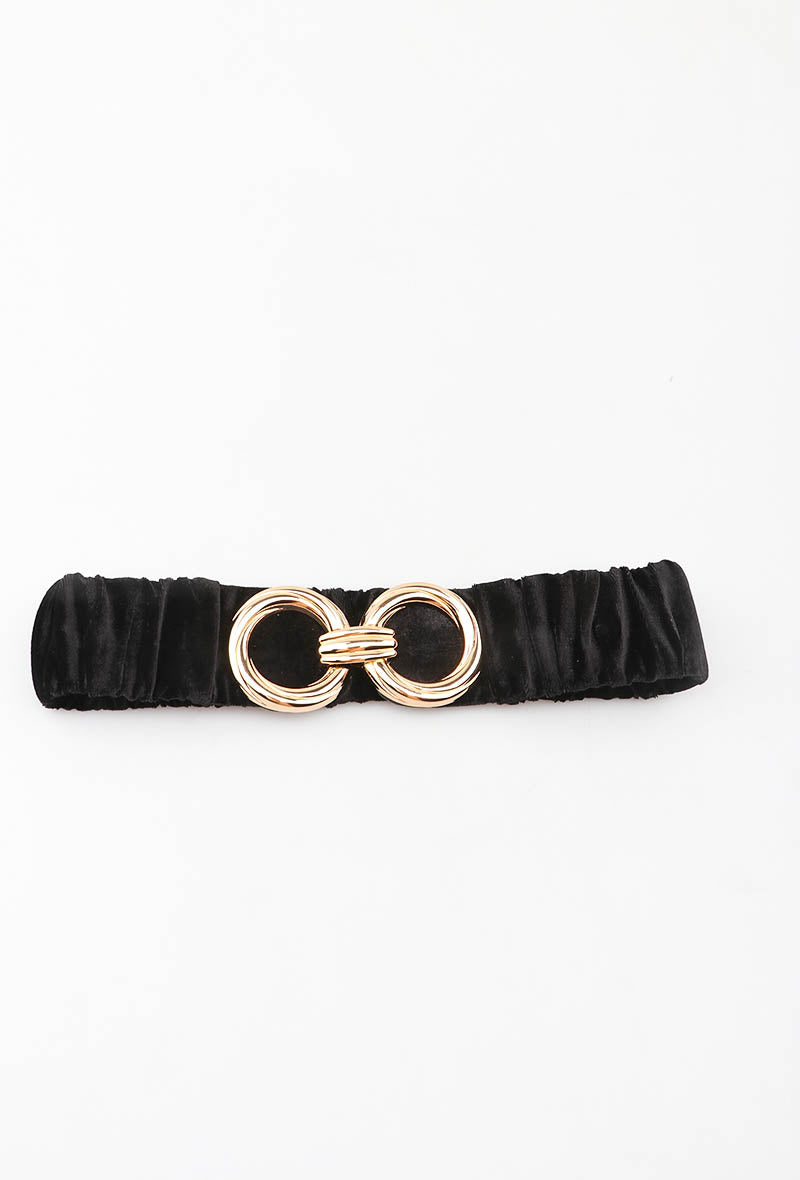 MAVDRGC Velvet Double-Ring Gold Clasp Elastic Belt - Black
