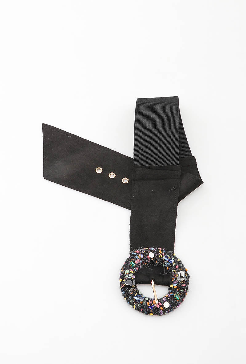 MATJRBW Tweed Jeweled Round Buckle Wide Belt - Black