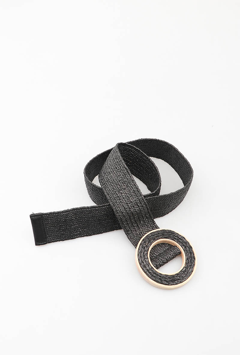 MAWRRB Woven Raffia Round Buckle Belt - Black